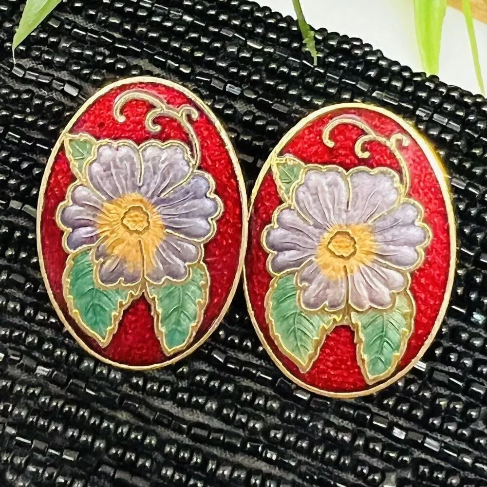 Vintage Cloisonne Enamel Flowers Floral Gold Earrings Green Purp Red Y2K 1143